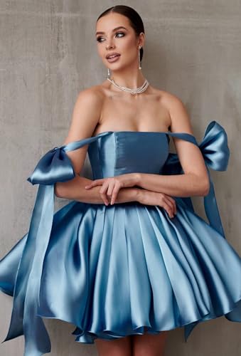 Satin Short Homecoming Dresses Pleated Off The Shoulder Puffy Mini Dresses Sequins Backless Cocktail Dress2