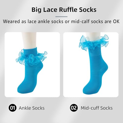 Image of Women Big Ruffle Ankle Socks Adult Double Lace Frilly Turn Cuff Dress Socks Cotton Cute Fancy Bobby Crew Socks