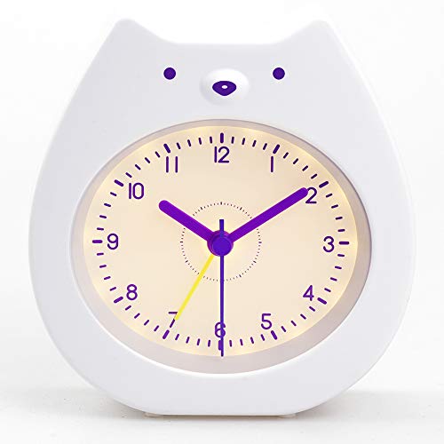 SOUNDANCE Cute Kids Alarm Clock, Analog Quiet Silent No Ticking No Snooze Sleep Training Battery Operated Rechargeable Night Light, Gift for Girls Boys Children Bedroom, Easy Use Set, White Bear BC1