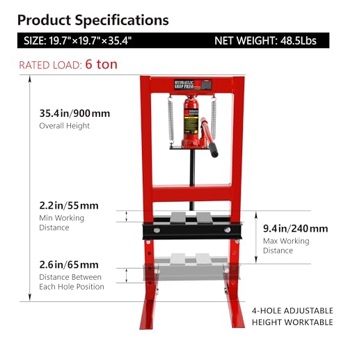 Image of Hydraulic Shop Press 6T, H-Frame Bearing Shop Press, Adjustable Benchtop Shop Press with 2 Press Plates, Adjustable Working Table Height, Red