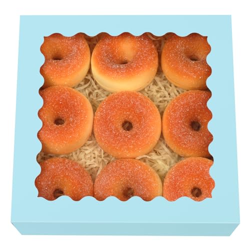 qiqee Auto-pop Up Light Blue Pie Boxes with Window 10x10x2.5 inch 30Packs Cookie Donut Bakery Box