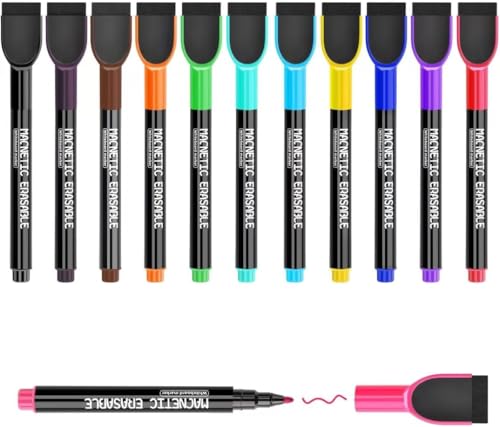 DumanAsen12 Pcs Magnetic Whiteboard Pens with Erase, Fine Point Dry Erase Markers Perfect For Writing on Whiteboards, Dry Erase Boards (Multicolor)