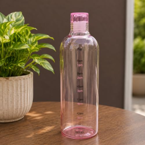 Image of Borosilicate Water Bottles, H2O Fridge Water Bottle with Cap, Leak proof & Airtight Lid, Water Bottle for Office, School, College - 1000ml Bottles with Time Marker (Pink)