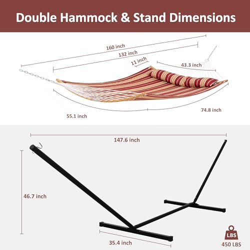 Image of SUNCREAT Hammocks Portable Hammock with 12 ft Stand Included, Double Hammock with Curved Spreader Bar, Red Stripes
