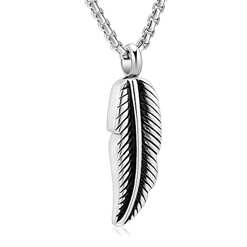 Oinsi Stainless Steel Feather Urn Necklace Hold Cremation Ashes Keepsake Memorial Jewelry +Box+Fill