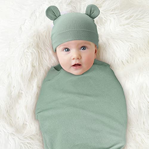 2 Sets Newborn Infant Swaddle Hat Infant Bear Ear Beanie Baby Receiving Blankets Newborn Swaddle Wrap Hospital Receiving Blankets For 0-6 Mouths Unisex Baby Boys Girls (Camel, Grayish Green) #TOP4