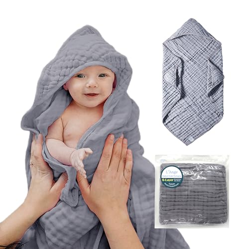 Image of L'Ange Muslin Hooded Baby Towel - Infant Bath Towel with Hood for Newborn Babies Boy or Girl - 100% Cotton - Pack of 1 - Ready to Use Medical Grade Packaging - 6 Layers - Gray - 25.5x25.5 in