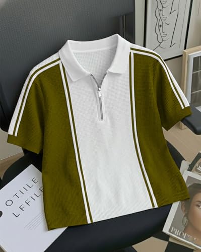 Image of AUSK Men's Textured Vertical Striped Knit Polo T-Shirt | Half Sleeve Zipper Neck Self-Design Casual Tee | Mens Tshirts