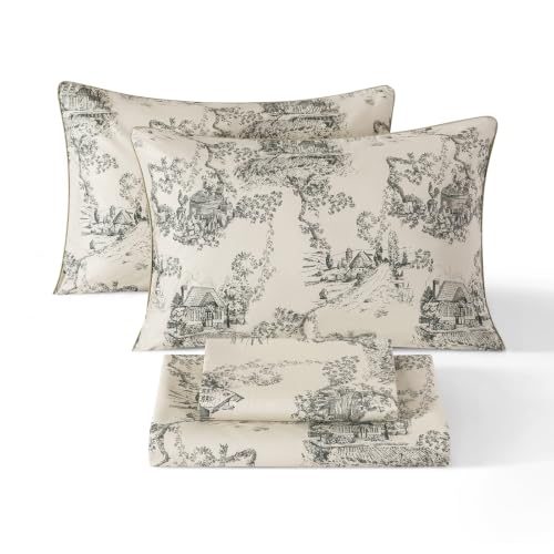 Image of French Country Vintage Toile Percale Sheets Queen Size Deep Pocket | 100% Cotton Cream Beige Sheet Set, Neutral Floral Farmhouse Bed Sheets, Shabby Chic Cottage Bedding, Botanical Printed, 4Pcs