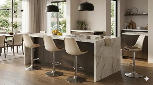 Image of REVOLVING Height Adjustable BAR Stool /Kitchen Chair Suitable for Kitchen, Cafeteria, Dining,Pubs, Office,Shops - Pair of 2 (Off White and Brown)