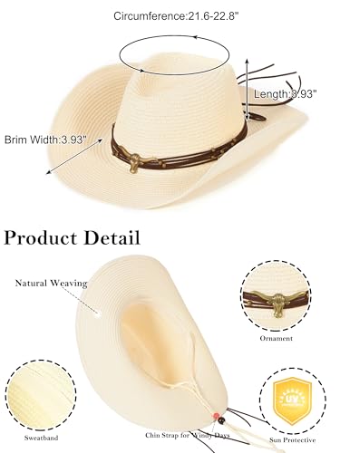 Image of Straw Cowboy Sun Hat Western Cowgirl Women Men with Windproof Chin Strap
