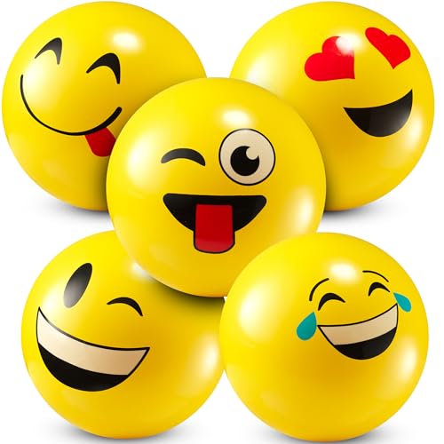 KiddieLoot 5-Inch Happy Face Bouncing Balls for Kids & Toddlers (Pack of 5) - Playground Balls w/ 5 Fun Designs - Lightweight Play Bouncy Ball for Boys & Girls