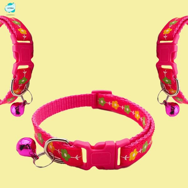 Image of Cat & Puppy Collar with Bell,Kitten & Small Dogs Soft Adjustable,Safe,Solid & Protective Breakaway for Cats & Puppies,Cute Kitty Neckband with Daisy Flower Print-(Red)