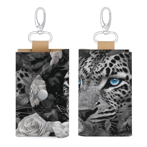 Leopard Blue Eyes Key Holder Bag PU Leather ID Card Holder Keychains Case Cover for Men Women3