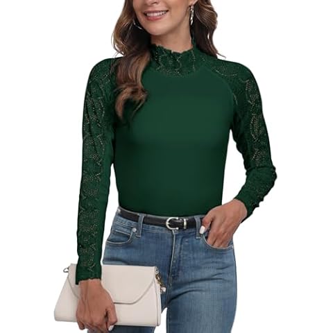 Womens Lace Shirts Long Sleeve Casual Tops Slim Fit Knit High Neck Work Dressy Blouse Green XL Cover