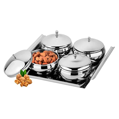 Prabha Stainless Steel Lotus Bowl 4 Pcs Set with Lid & Tray, Multipurpose Container Set with Lid for Multipurpose, Useful for Home Kitchen Dining Table Restaurants Hotels Events.