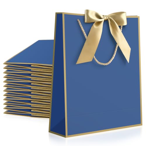 Image of JMANNI 12 Pcs Wedding Paper Gift Bags with Handle,13 inch Medium Thank You Gifts Bags with Ribbon Bow Bridal Shower Gifts for Baby Shower Graduation Holiday Birthday Party Supplies Mothers Day（blue gold）