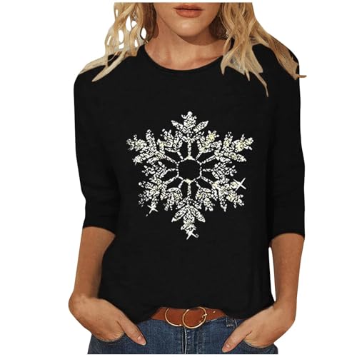 Image of Christmas T Shirts for Women UK Crewneck Xmas Tops 3/4 Sleeve Tshirt Glittering Snowflake Pattern Shirts Xmas Festive Holiday Graphic Tshirt Santa Elk Snowy Print Blouse Black