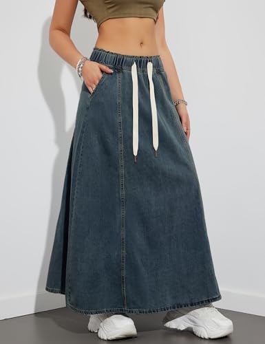 Perbai Womens Long Denim Skirt Elastic High Waist A Line Loose Maxi Jean Skirt with Pockets3