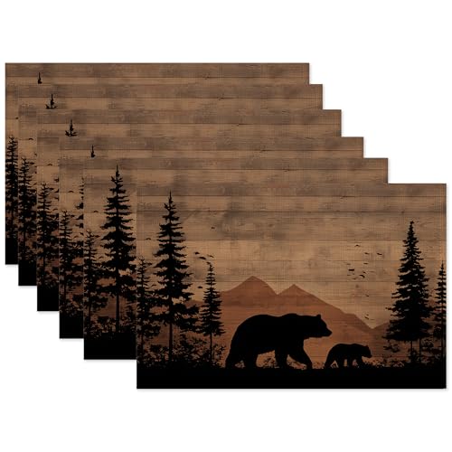 Black Bear Placemats Set of 6,Wood Grain Washable Kitchen Dining Linen Table Mats for Home Party Dinner Indoor Outdoor 12x18Inch