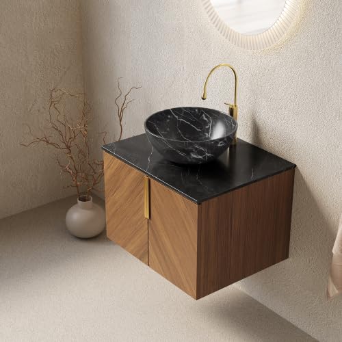 vutizal Szafka pod umywalkę 61 cm z czarnym zlewozmywakiem ceramicznym, meble łazienkowe z blatem spiekanym i 2-drzwiową szafką, Soft Close, wygląd drewna espresso