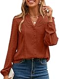 Simplee Blouses for Women Dressy Casual Long Sleeve Fall Cute Boho Tops V Neck Swiss Dot Hollow Out Fashion Shirts Trendy(Orange S)