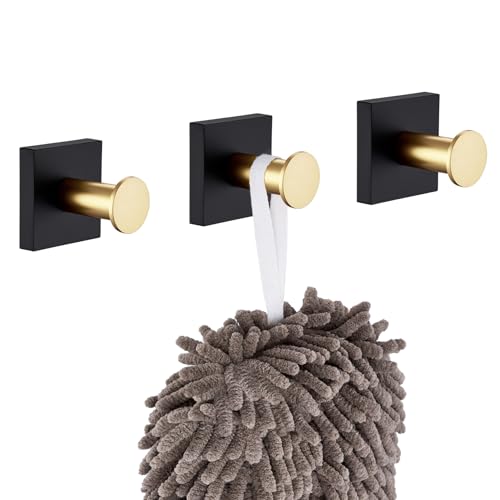 Image of KOKOSIRI Robe Hooks Bath Towel Hooks for Wall Closet Kitchen Hanging Towels Bathroom Hardware Black with Gold Stainless Steel 3 Pack, B1016GDK-P3