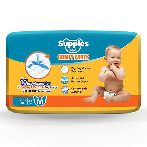 Image of Amazon Brand - Supples Comfy Diapers, Medium (M), 34 Count, 7-12 Kg, 10 hrs Absorption and Cottony Soft Material Baby Diaper Pants