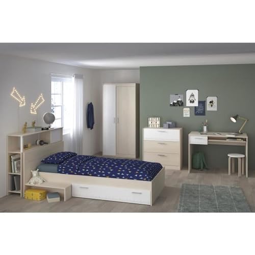 Générique CHARLEMAGNE Chambre Enfant Complete - Tete de lit + lit + Commode + Armoire + Bureau - Contemporain - Décor Acacia Clair et b…