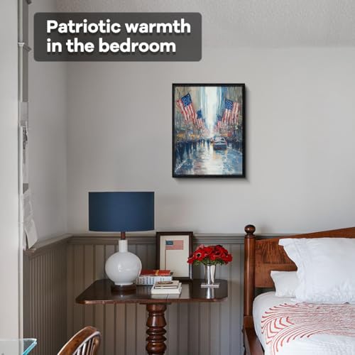 American Flags Wall Art, rainy city reflections, urban impressionist wall decor, brushstroke framed canvas print, patriotic poster, for office hallway veterans gift, 12x15 inch - Image 4