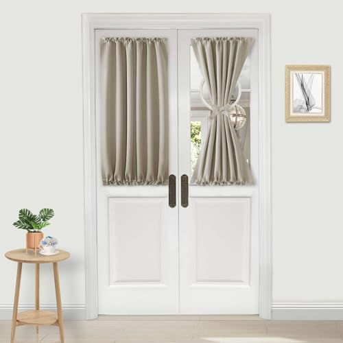 DWCN French Door Curtains – Rod Pocket Thermal Blackout Curtain for Doors with Glass Window, Kitchen and Patio Doors for Privacy, 25 X 40 Inches Long, 1 Curtain Panel with Tieback, Taupe