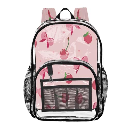 Clear Backpack for School Pink Bows Cherries Pattern Transparent Bookbag for Girls See Through PVC Boy Backpacks