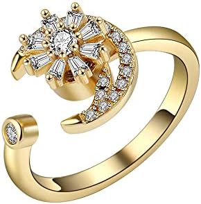 Adjustable Women's Band Birthstone Ring release Anxiety Open Flower and Bee Spinning Rings Girl's Rotatable Calming Worry Meditation Ring Birthday Christmas Jewelry Gifts for releasing Anxiety stress (Moon)