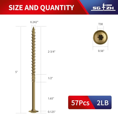 Image of #14 x 5 Inch Lag Screws (57Pcs) 2lb. Structural Wood Screw, Bronze, Carbon Steel, Washer Head, Rust Resistant epoxy Coated, T30 Star Bit