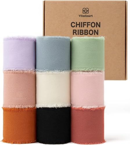 Vitalizart Chiffon Ribbon Mixed 9 Colours 1.5'' x 45 Yd, Fabric Silky Ribbons 9 Rolls 1.5'' x 5 Yd