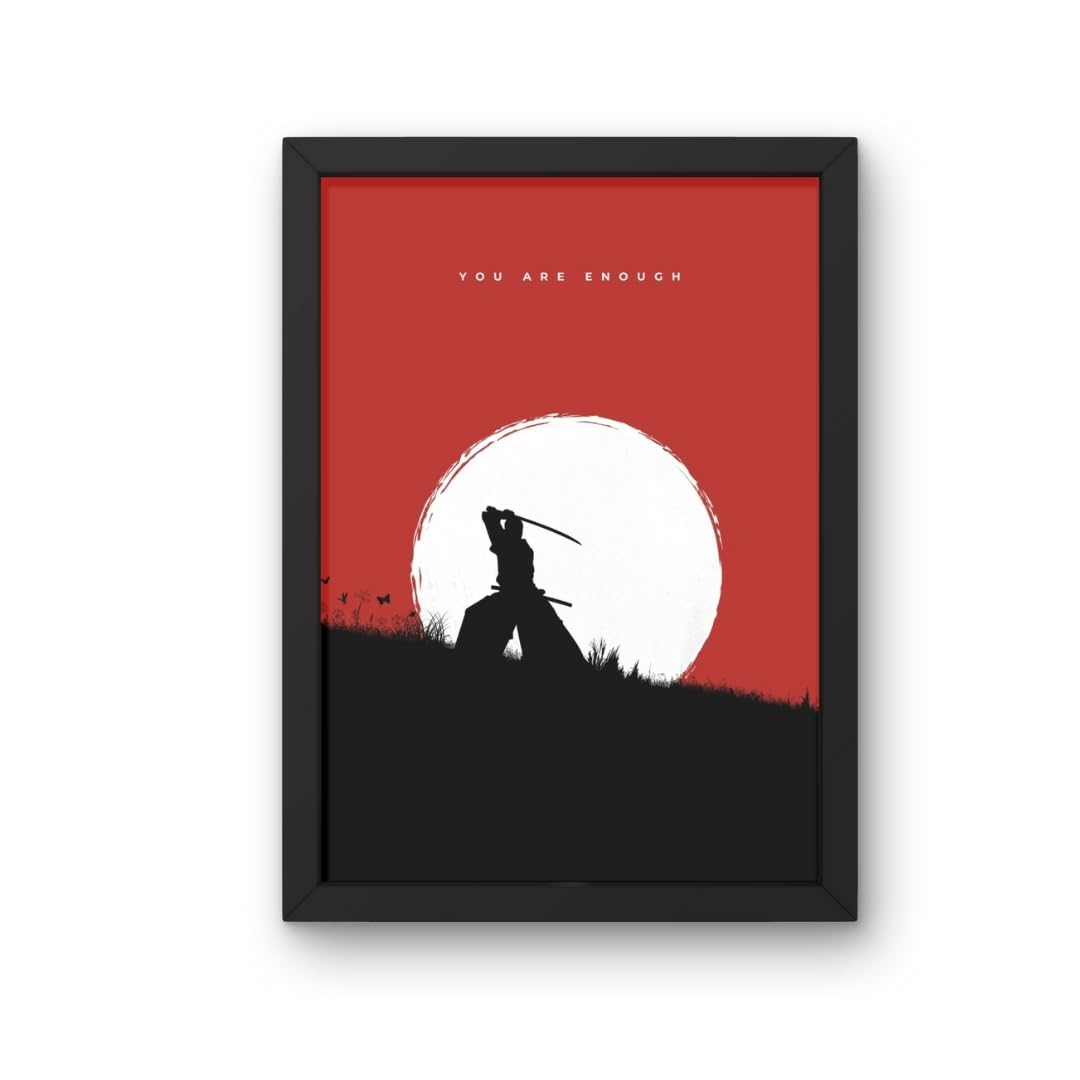 Youngwolfs Samurai Silhouette Wall Art Print with Inspirational Quote, Black Frame, Red Background Japanese Warrior Wall Art for Home, Office, or Studio A4 size frame-image-45