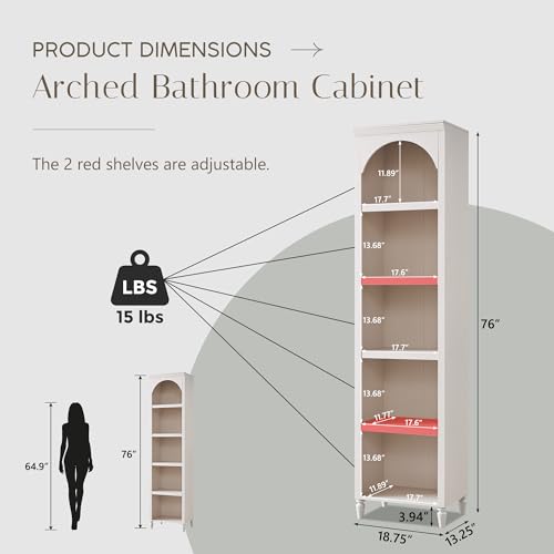 Image of IFBUY 76 inch Arched Bathroom Storage Cabinet, Narrow Arched Cabinet, Cream