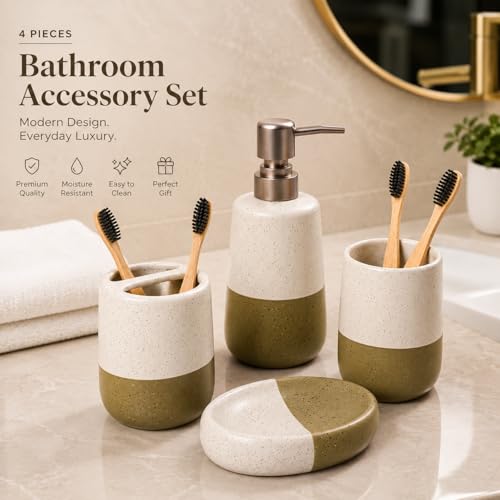 Image of Market99 Ceramic Bathroom Set Matte White and Green with Sophisticated Two-Tone Design, Includes Soap Dispenser, Tumbler, Toothbrush Holder, and Soap Dish for Coordinated Bathroom Style, 350ML