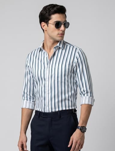 Image of IndoPrimo Men's Striped Casual Shirt | Premium Cotton Formal Shirt for Man | Slim Fit Full Sleeve Strip with Pocket | Office, Business & Smart Casual Wear