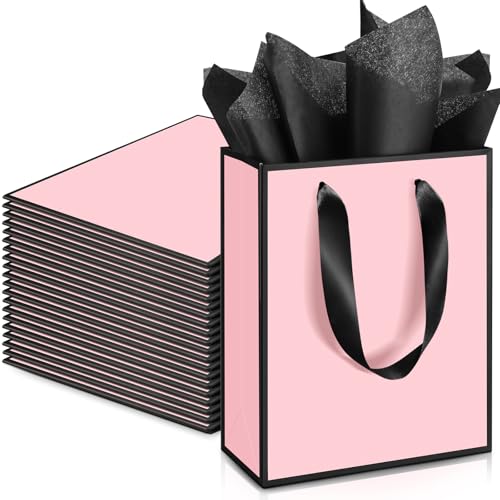Image of Yeaqee 24 Pack Metallic Paper Gift Bag with Tissue, Light Pink and Black | with Satin Ribbon Handle and Tissue, 9x7x3.1 Inch, Suit Business, Birthday, Christmas, Thank You Return Gifts Bags