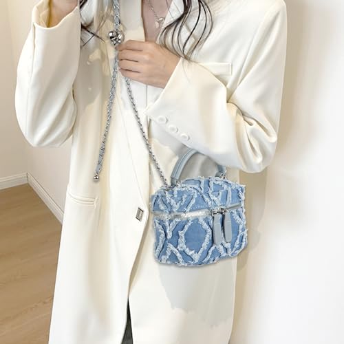 Image of Women Denim Mini Bucket Shoulder Crossbody Bag Drawstring Quilted Distressed Tassel Barrel Shape Satchel Purse
