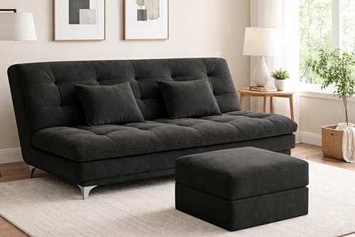 Image of Deco Studio Modern Velvet Convertible 3-Seater Futon Sofa Bed with Ottoman – Tufted Upholstered Sleeper Couch with Adjustable Backrest– Living Room Furniture-Black-Color