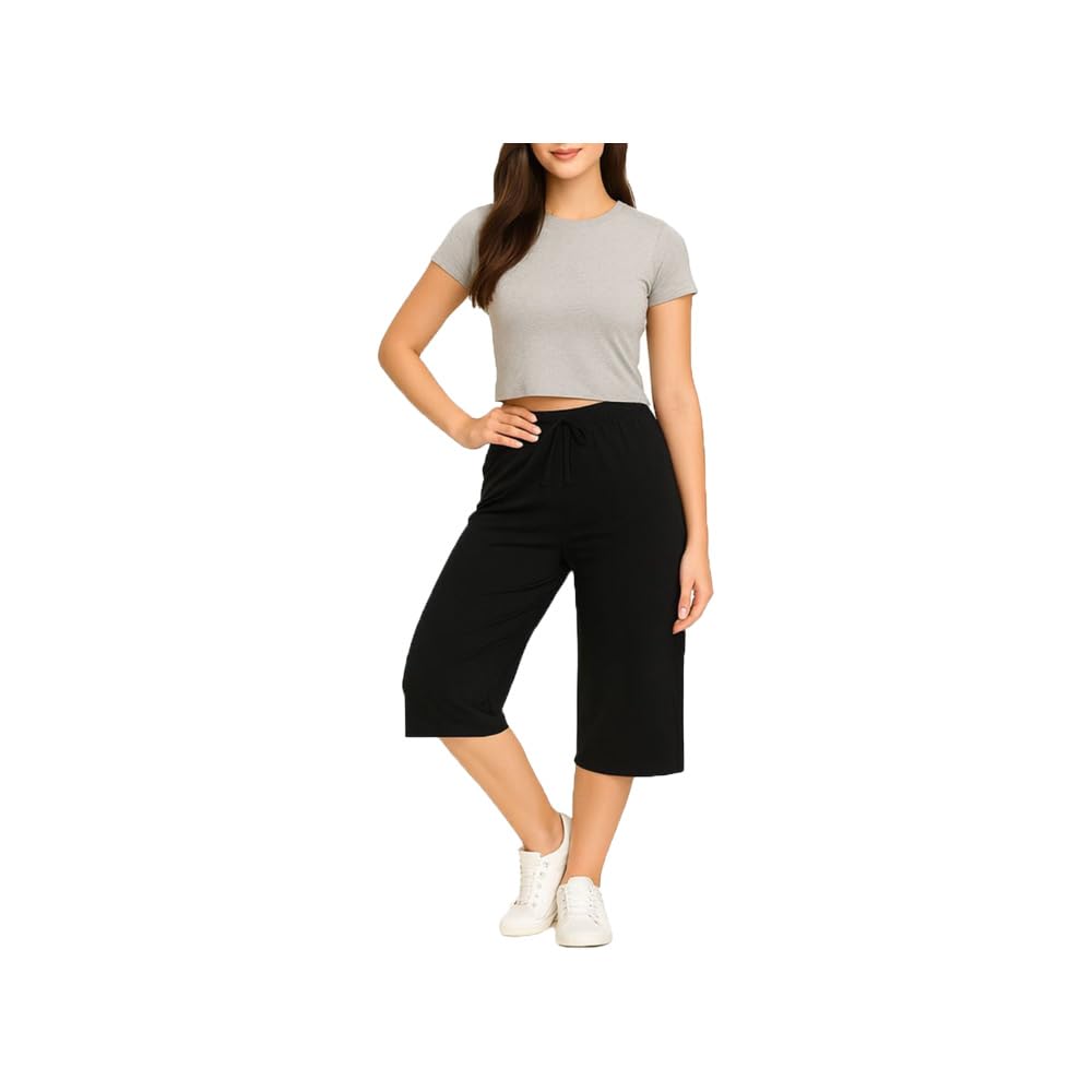 brand flex Women Cotton Plain Loosefit Capri, 3/4th Capri For Girls Elastic With Drawstring Waist Black Single Pack-picture-45