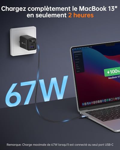 NOVOO Caricabatterie USB C da 67W con 1 cavi PD 100 W Type-C, Caricatore da muro compatto veloce PPS GaN III a 3 porte, per MacBook Pro 14'', Dell XPS 13, iPad Pro, iPhone 15, Galaxy S24 Ultra - Immagine 2