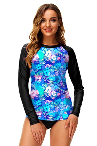Deerose Womens Long Sleeve Rash Guard Shirts Tropical Surf Beach Uv Protection Rashguard Swimwear L Blue Floral #TOP4