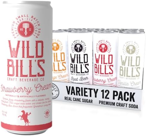 Wild Bill's Craft Soda Soft Drinks Cream Variety Pack, Vanilla & Orange Cream, Strawberry, Root Beer, Pure Cane Sugar, Caffeine Free, NO High Fructose Corn Syrup, Gluten Free 12 Pack