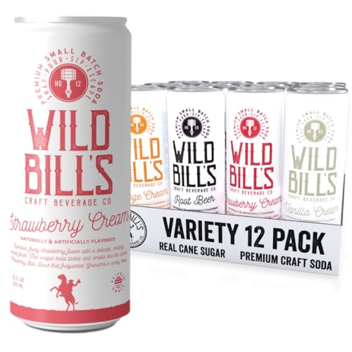 Wild Bill's Craft Soda Soft Drinks Cream Variety Pack, Vanilla & Orange Cream, Strawberry, Root Beer, Pure Cane Sugar, Caffeine Free, NO High Fructose Corn Syrup, Gluten Free 12 Pack