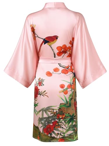 Image of Women's Silk Kimono Robe Short Bathrobe Nightgown 100% Mulberry Silk for Women - Classic Floral Pattern