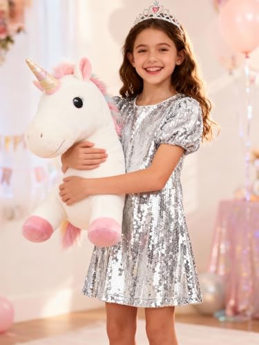 Image of WELAKEN Girls Ombre Sequin Dress Sparkly Fancy Short Puff Sleeves Gradient Party Dress