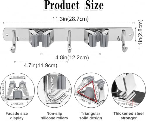 Image of Niwlix 2 Slot & 3 Hook Stainless Steel Mop and Broom Holder Wall Mount, Anti Slip Heavy Duty Waterproof Broom Hanger Stand Organizer Tool for Kitchen Home Garden Bathroom Garage